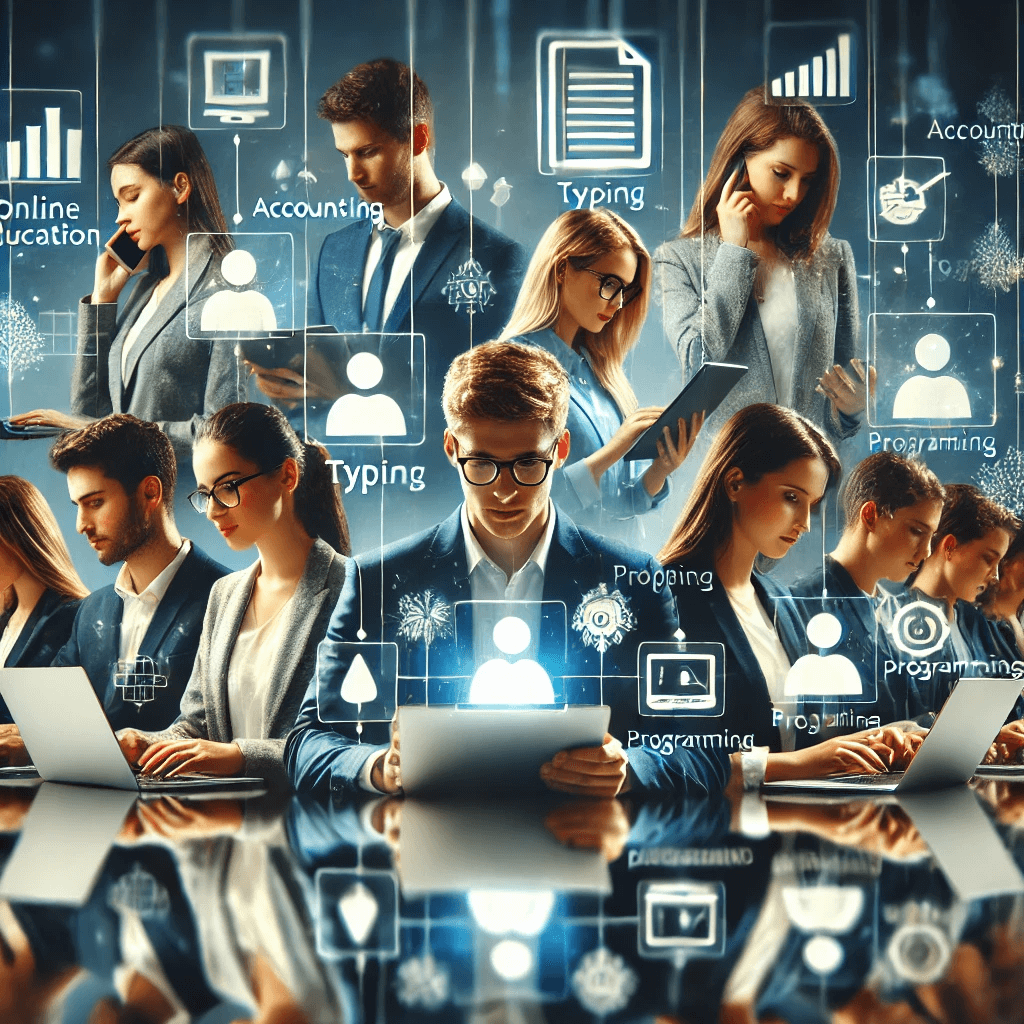 Online learning with professionals, students, and digital course symbols in a modern setting.