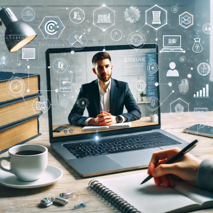 Student engaged in online learning with a laptop, expert instructor on screen, and educational icons in a bright, clean setup.