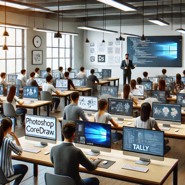 Modern computer training institute with students learning digital skills in a well-equipped classroom.
