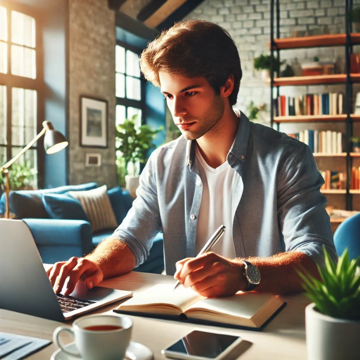 Professionals and students engaged in online learning in a modern workspace.